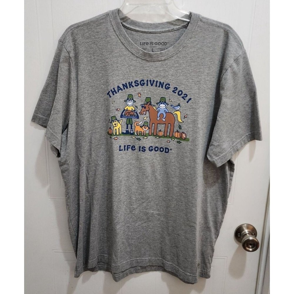 Life is Good Gray Thanksgiving 2021 Crusher Short Sleeve T Shirt‎ Size Large